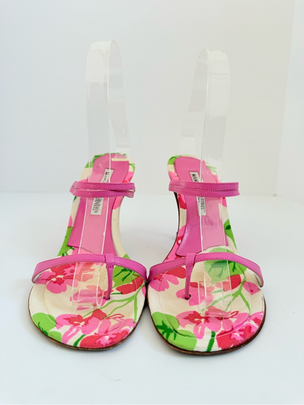 Manolo Blahnik Discus Pink Floral Thong Sandals Vintage Heels 36.5 - Picture 11 of 11